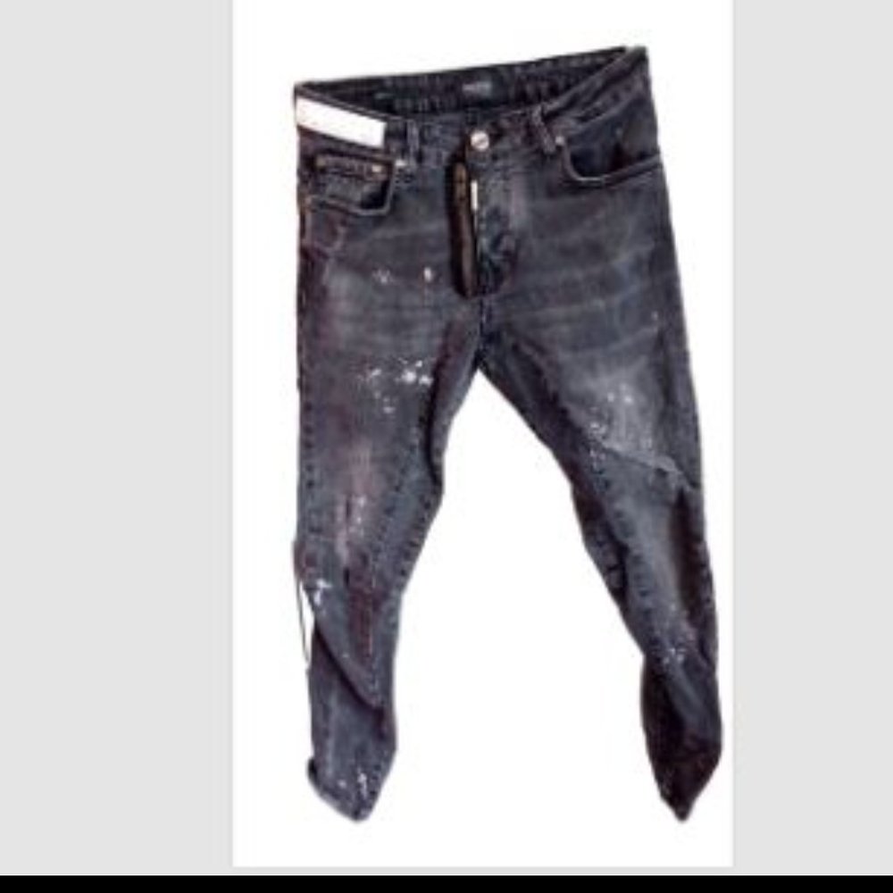 MACEOO Men's Jeans Black Island Slim Straight Distressed Grunge Button Fly 31X26